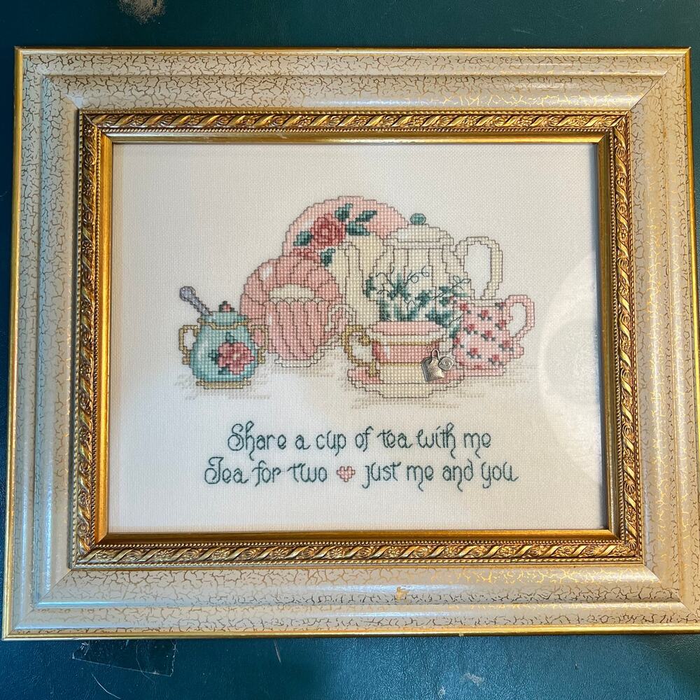 Tea for Two Counted Cross Stitch Pattern by Sue Hillis Design Framed 12" x 13.5"